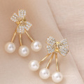 trendy bowknot diamond pearl earrings jewelry for women 2021,14K gold plated copper drop earrings